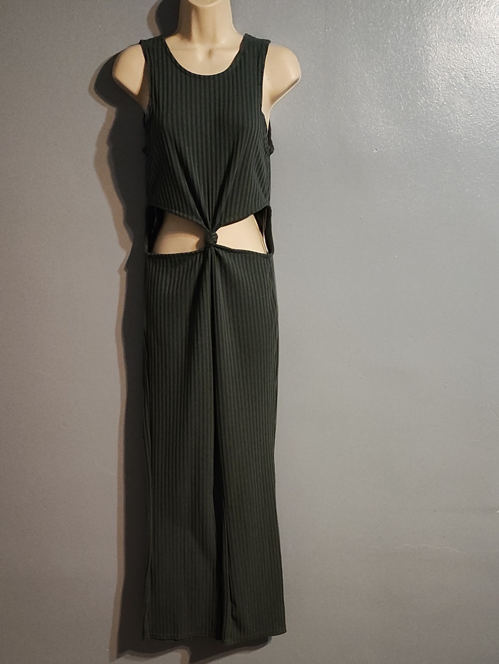Say What? Sleeveless Cutout Ribbed Knit Jumpsuit- Dark Green